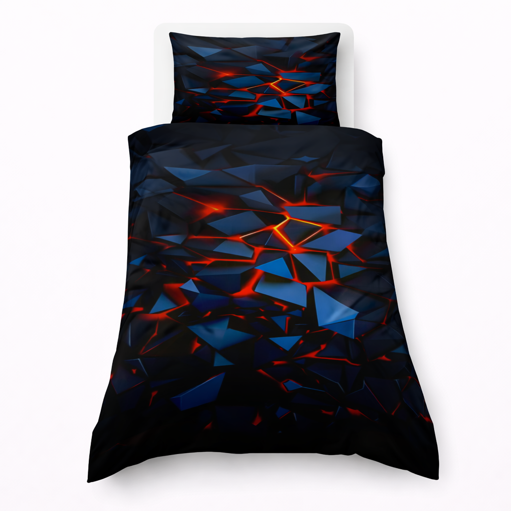 Multicoloured geo design duvet and pillowcase set on a white background