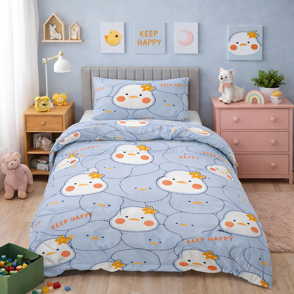 Blue duvet set with cute chick face pattern and small floral details displayed on a single bed with matching pillowcase