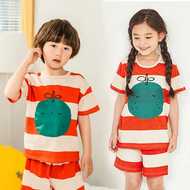 Kids cotton two-piece pyjama set with bold stripe design and fruit graphic, short sleeve top and matching shorts