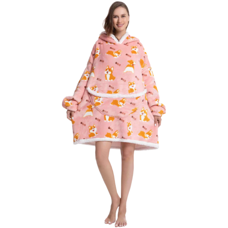 Woman wearing a pink corgi design oversized lounge hoodie with a white background.