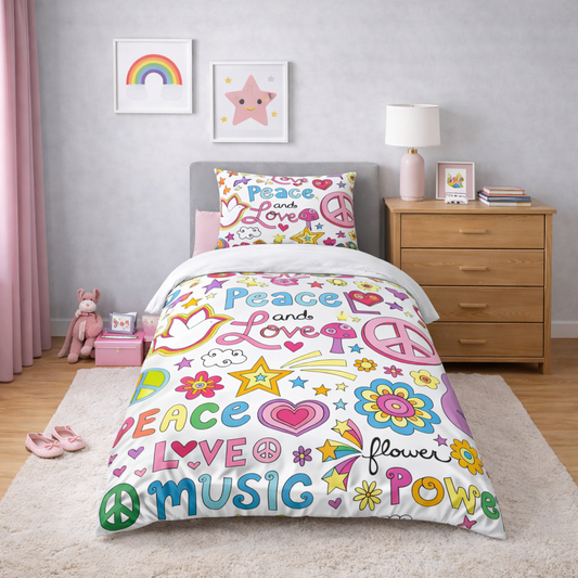Bedding set with 'Peace and Love' design in a child's bedroom
