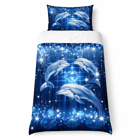 Dolphins design bedding set with blue bedspread on a white background