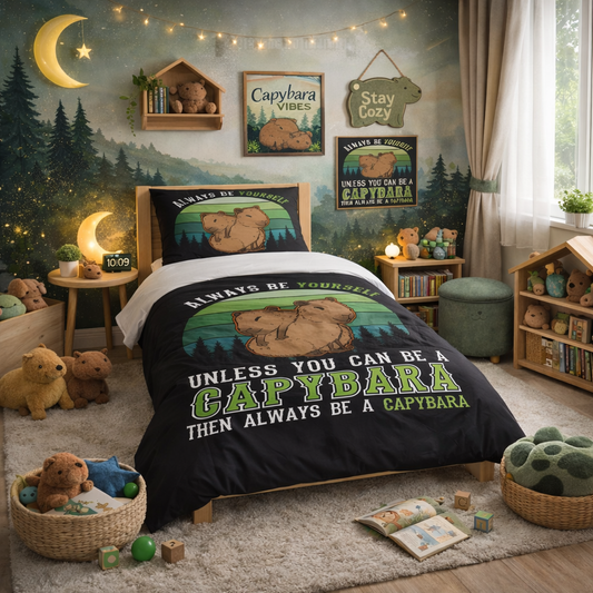 Children's bedroom with capybara-themed bedding and decor