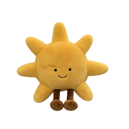 Sun plush toy with a smiling face and legs.
