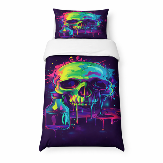 Colourful psychedelic skull duvet set with neon paint drip design on a dark background displayed on a single bed with matching pillowcase on a white background