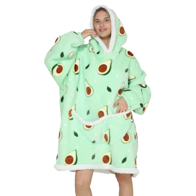 Adult wearing avocado green oversized wearable hoodies indoors.