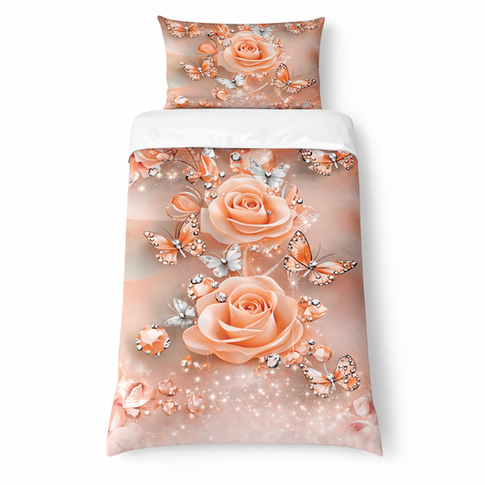 Bedding set with peach roses and butterflies on a white background