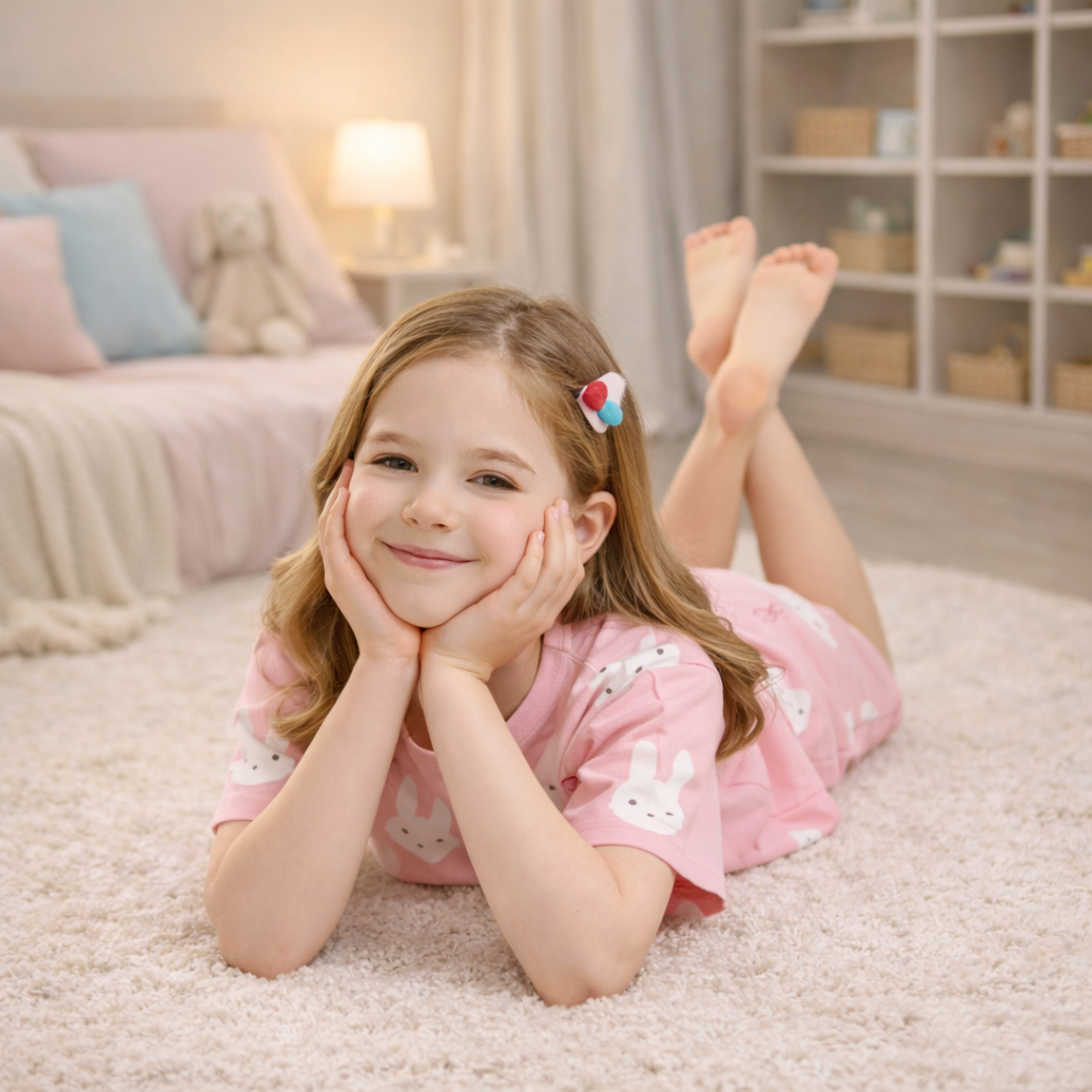 Girl lying down wearing pink bunny design 2 piece pyjama set in a cosy room