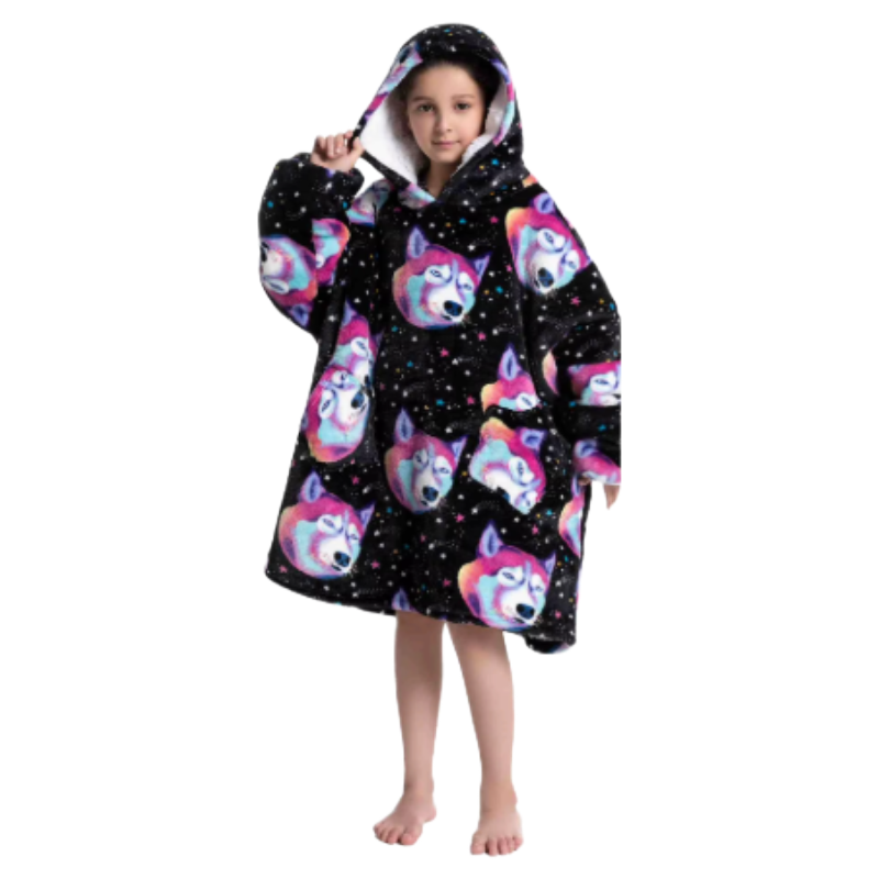 Child wearing black oversized wearable hoodie with colourful wolf head print.