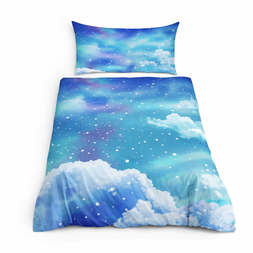 Blue cloudy and star design bedding set on a white background