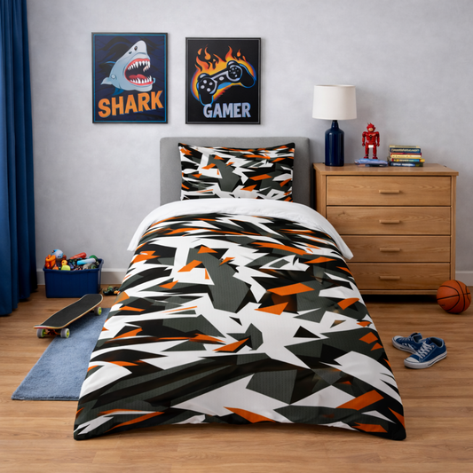 Bedroom with geometric patterned bedding, nightstand, and wall art.