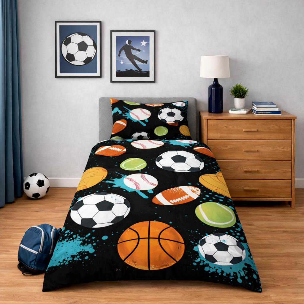 Bedding set with sports-themed design on a bed in a room with a dresser and decor.
