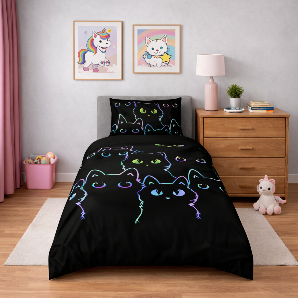 Kids neon cat duvet cover set with colourful glowing cat faces on black background in a girls bedroom setting