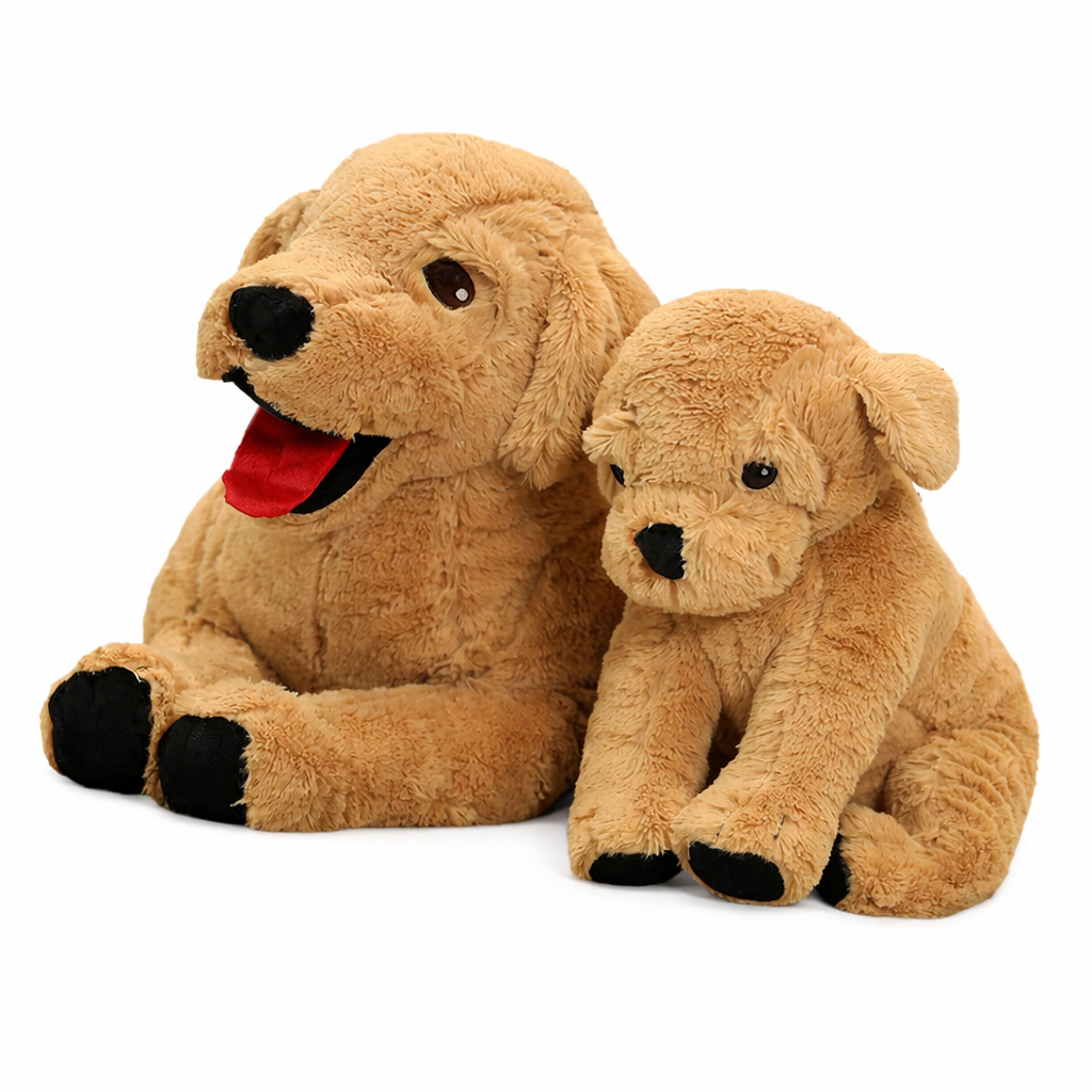 Two plush dogs, one larger and one smaller, sitting together on a white background.