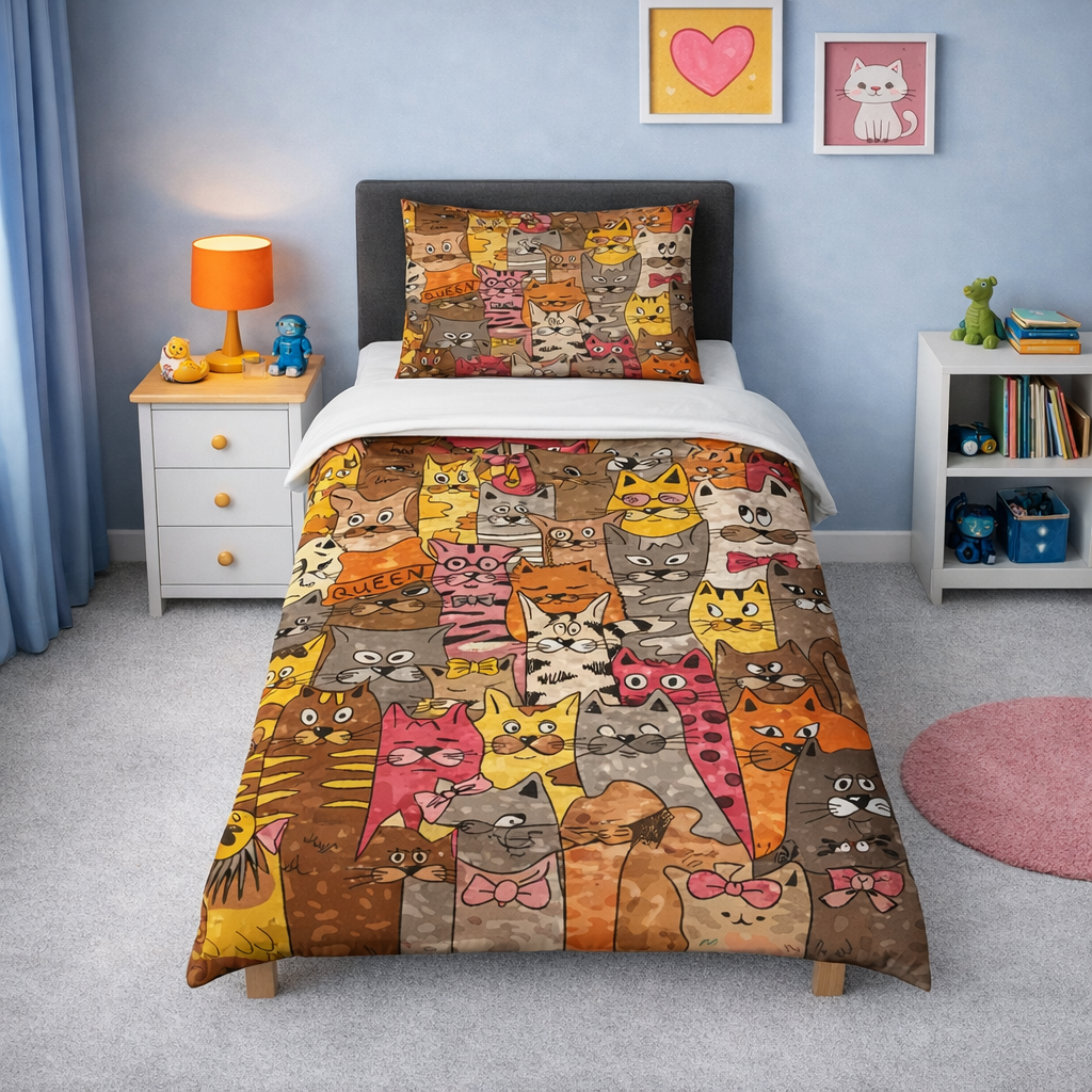 Colourful funky cat pattern single duvet set with cartoon cats in warm tones and matching pillowcase on a modern bed