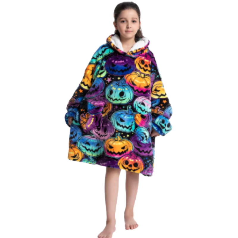 Child wearing colourful oversized wearable hoodie with jack-o-lantern print.