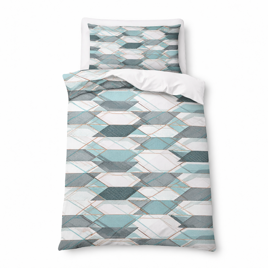 Geometric patterned bedding set with pillow and duvet on a white background