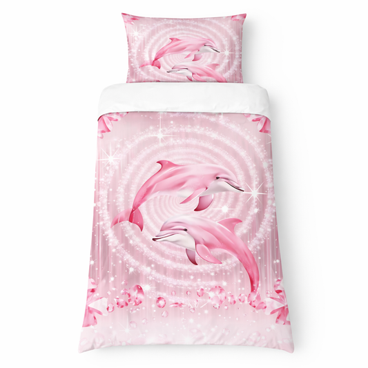 Children’s pink single duvet set with dolphin print and sparkling swirl ocean design on a white background