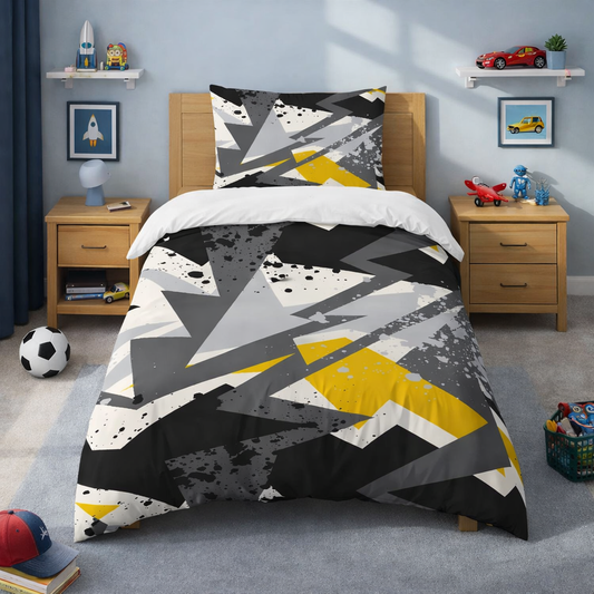Grey yellow and white abstract design duvet set in a cosy bedroom