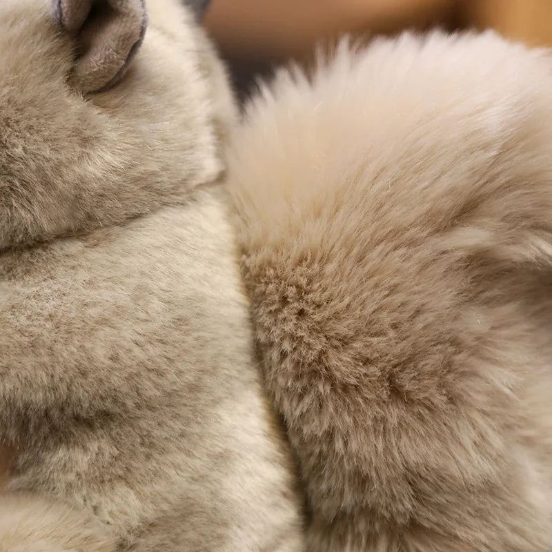 Close-up of beige fur texture of soft plush squirrel.