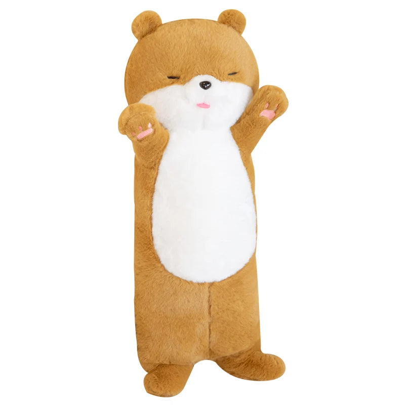 Plush toy resembling a light brown otter with a white belly on a white background