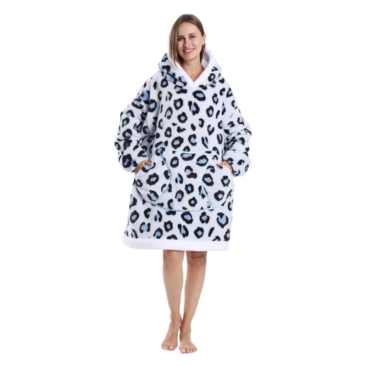 Animal print fleece wearable blanket hoodie shown in white with hooded oversized fit for lounging