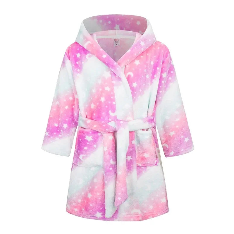 Girl's pink dressing gown with a star and moon design on a white background
