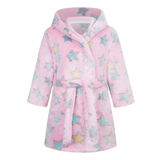 Girl's pink dressing gown with a star design on a white background