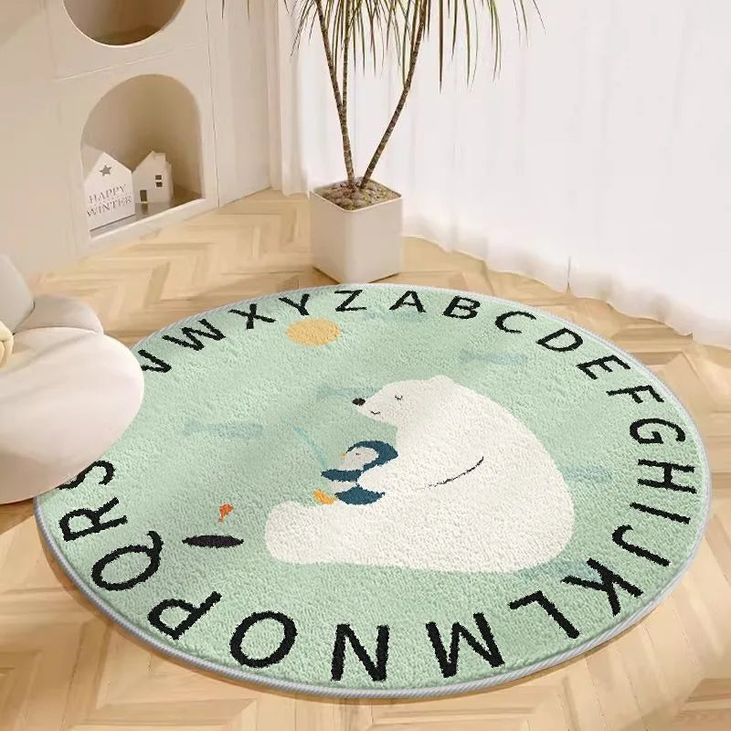Mint green round cartoon rug with alphabet border and dinosaur design placed on a light floor