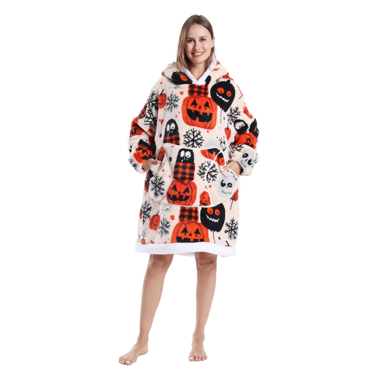 Person wearing a Halloween-themed hoodie on a white background