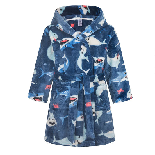 Kids bathrobe with a shark design on a white background