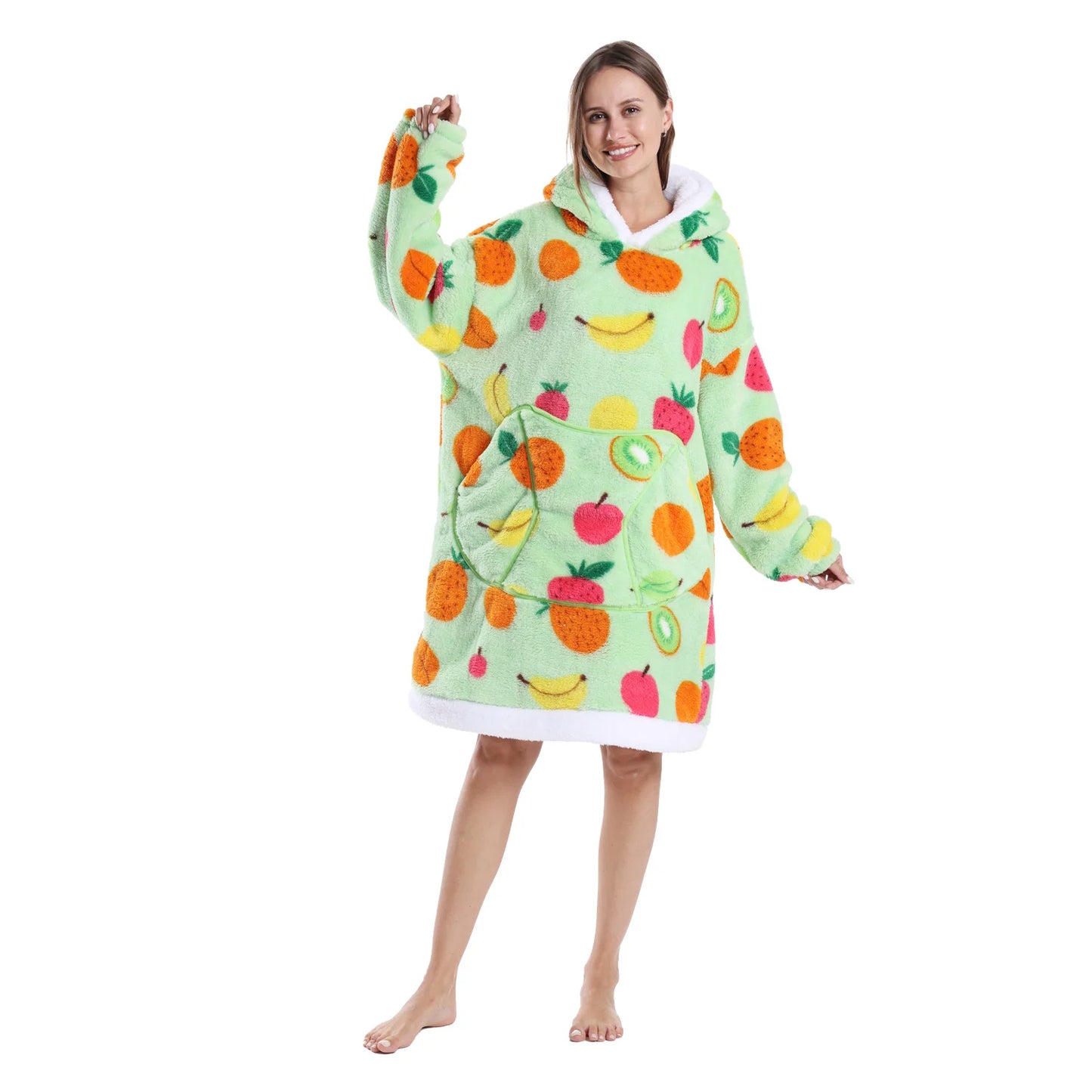 Person wearing a colourful fruit-patterned hoodie