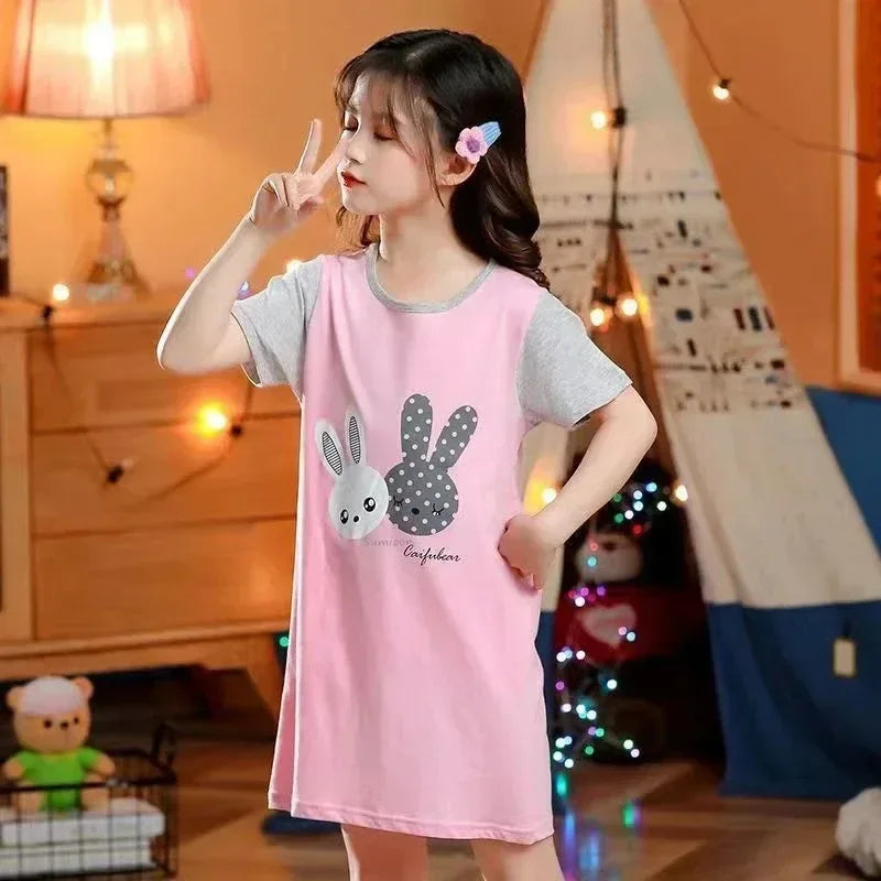 Girls pink and grey cotton nightie with bunny print short sleeve sleepwear