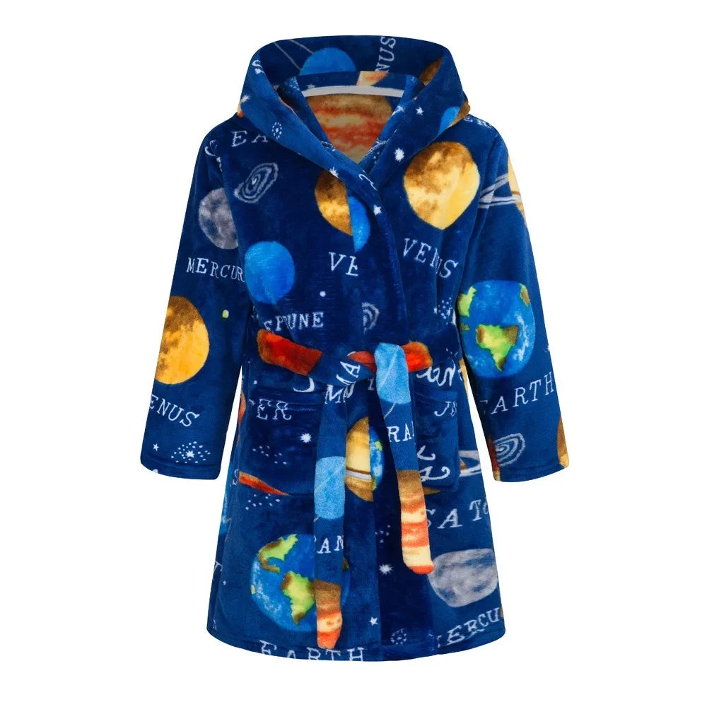 Boys blue hooded bathrobe nightgown with planets and solar system print.