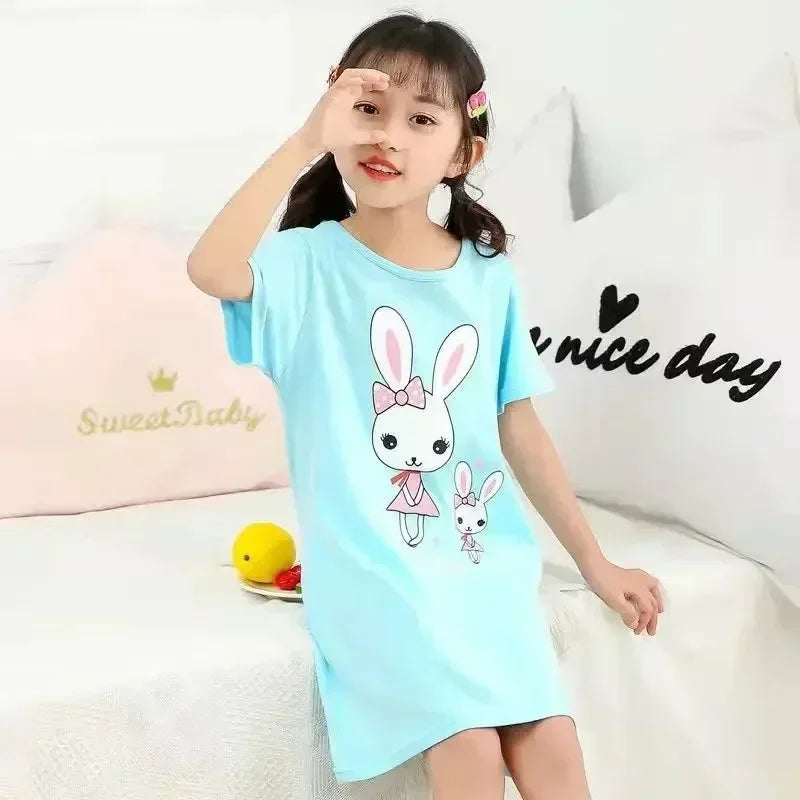 Girls sky blue cotton nightie with cute bunny print short sleeve sleepwear