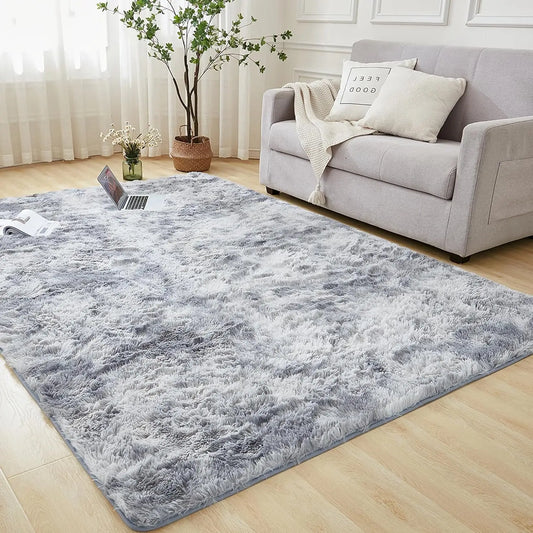 Light grey area rug in a living room with a couch and laptop.