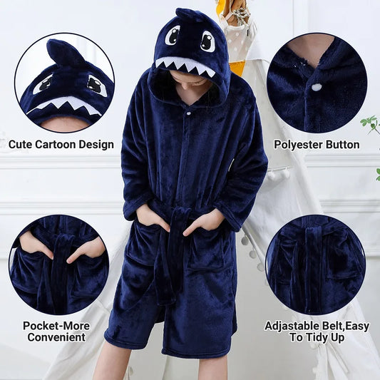 Close up features of a blue shark hooded dressing gown