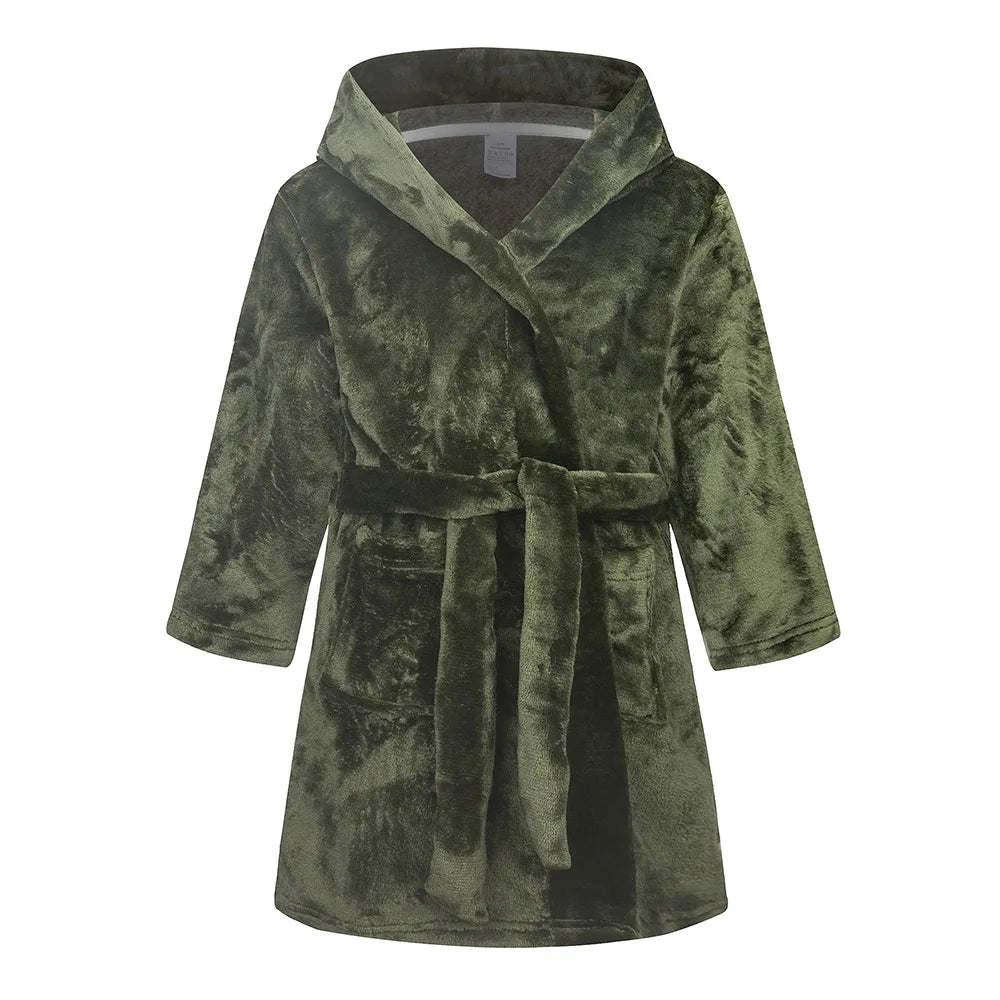 Kids soft hooded bathrobe nightgown in olive green with rope tie fastening.