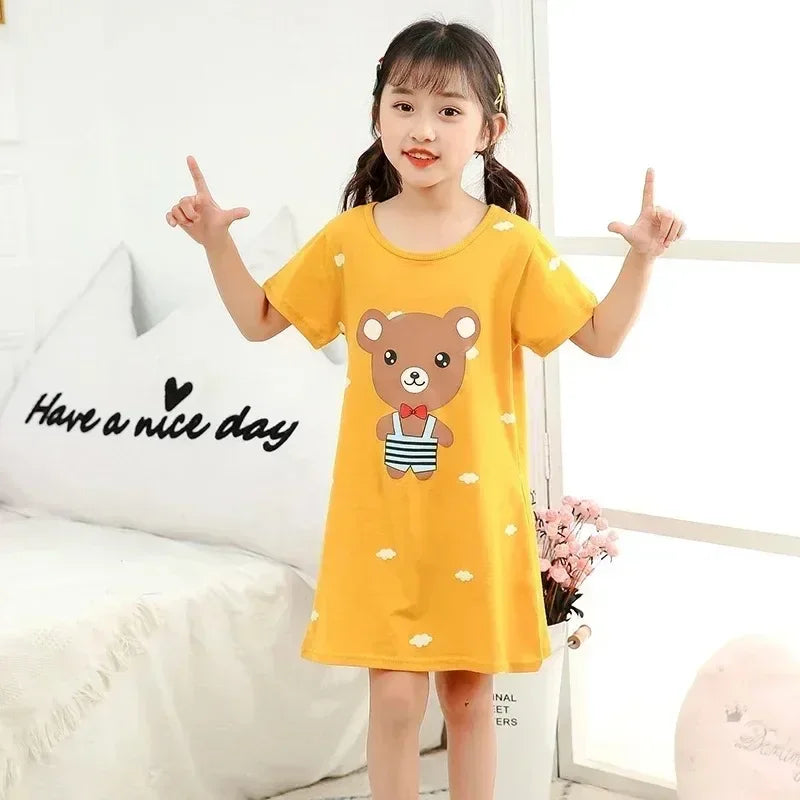 Girls yellow cotton nightie with cute bear print short sleeve sleepwear