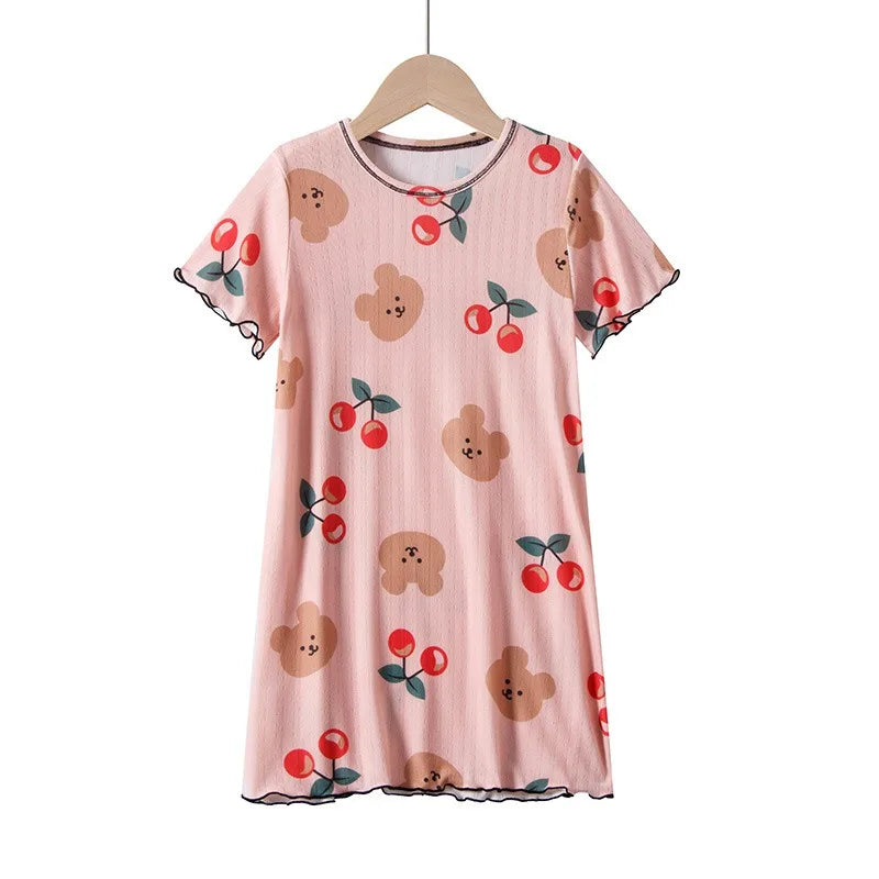 Girls cotton nightdress with cherry and teddy bear print and short sleeves