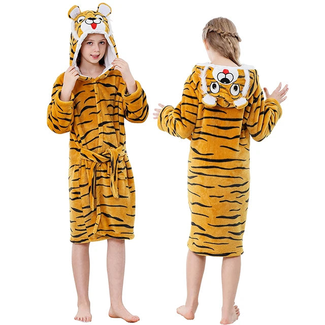Tiger-themed robe worn by a child on a white background