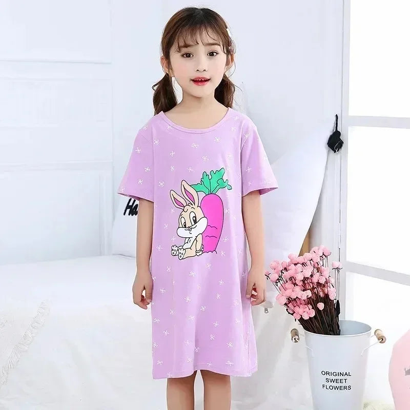 Girls pink cotton nightie with bunny and carrot print cute sleepwear