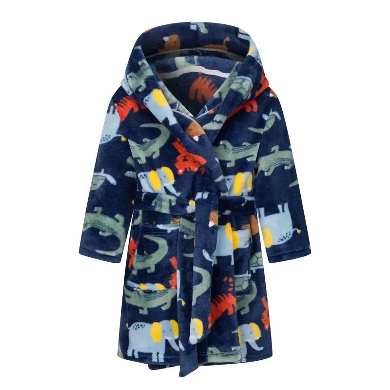 Kids navy bathrobe with a animal design on a white background