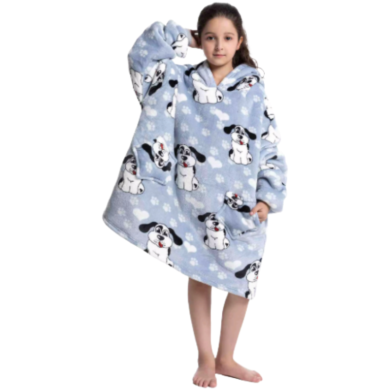 Child wearing a happy dog blue oversized wearable hoodie.