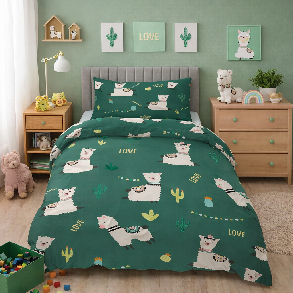 Green alpaca and cactus duvet set with cute cartoon alpacas and desert motifs displayed on a single bed with matching pillowcase
