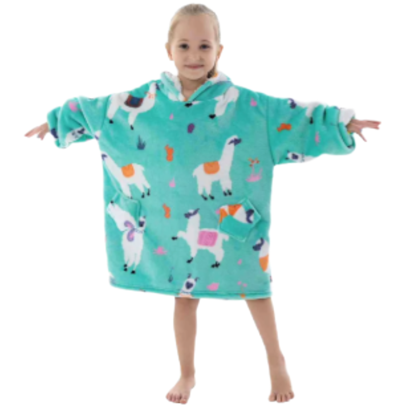 Child wearing A green alpaca oversized wearable hoodie.