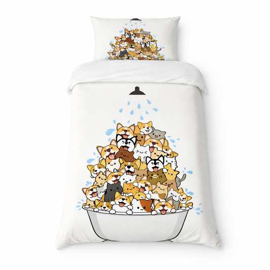 Children’s single duvet set with cartoon cats and dogs in a bathtub on white background