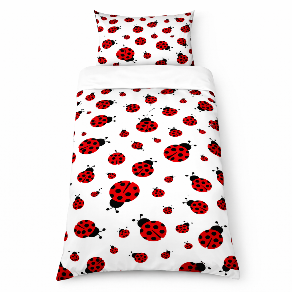 Bedding set with ladybug pattern on a white background