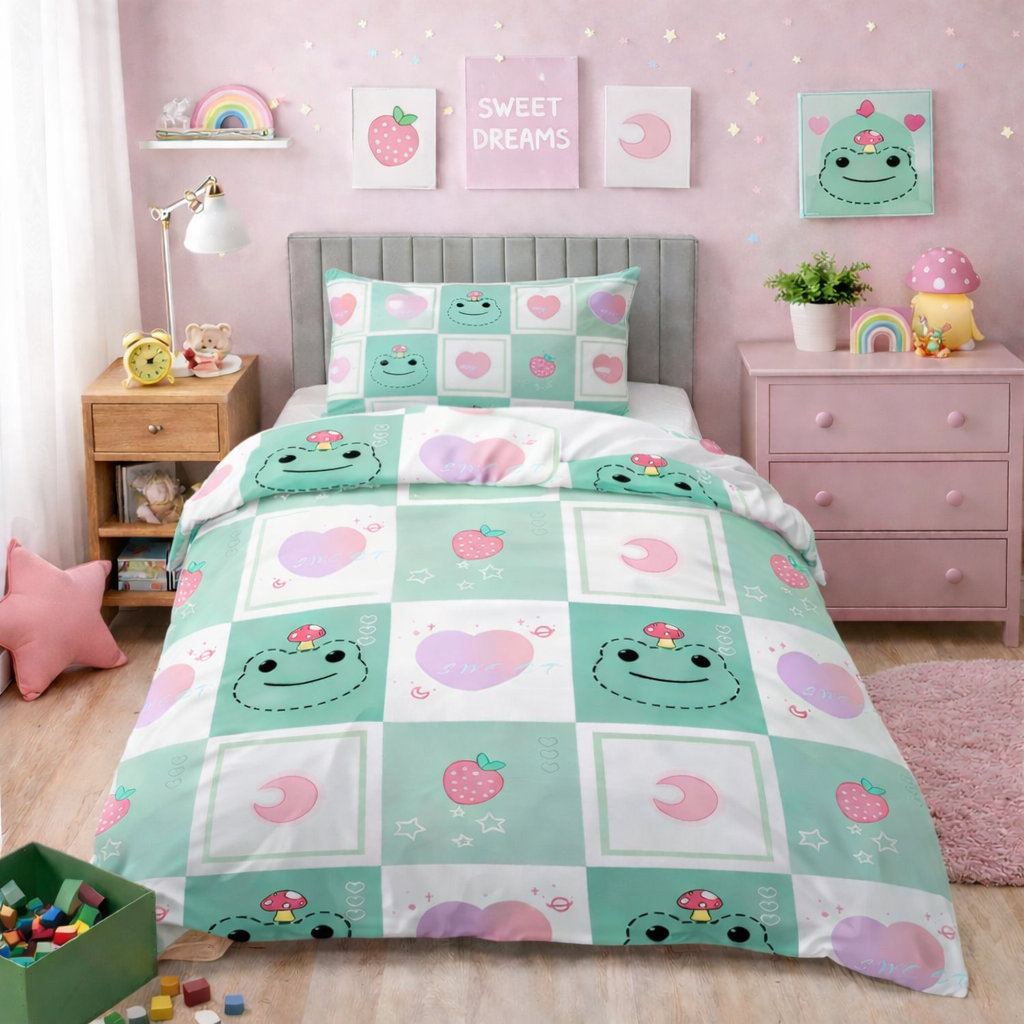 Green and white frog and love heart duvet set with cute cartoon frogs and pastel icons on a single bed with matching pillowcase