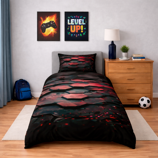 Red and black geo design duvet cover and pillowcase in a bedroom setting
